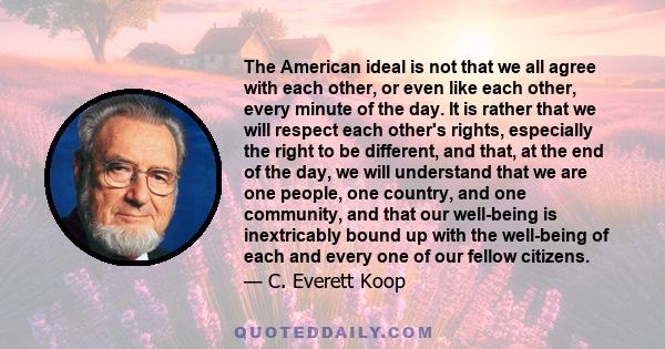 The American ideal is not that we all agree with each other, or even like each other, every minute of the day. It is rather that we will respect each other's rights, especially the right to be different, and that, at