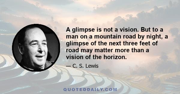 A glimpse is not a vision. But to a man on a mountain road by night, a glimpse of the next three feet of road may matter more than a vision of the horizon.