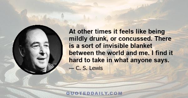 At other times it feels like being mildly drunk, or concussed. There is a sort of invisible blanket between the world and me. I find it hard to take in what anyone says.