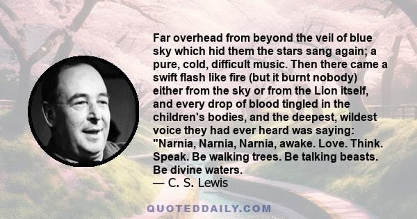 Far overhead from beyond the veil of blue sky which hid them the stars sang again; a pure, cold, difficult music. Then there came a swift flash like fire (but it burnt nobody) either from the sky or from the Lion