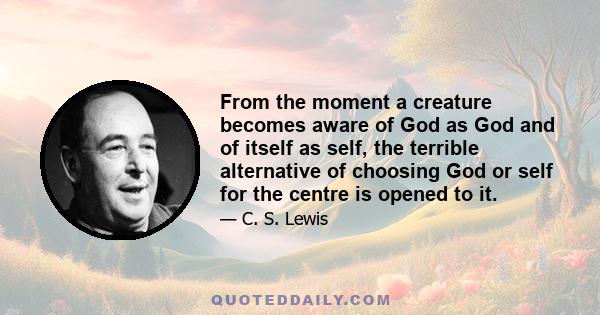 From the moment a creature becomes aware of God as God and of itself as self, the terrible alternative of choosing God or self for the centre is opened to it.