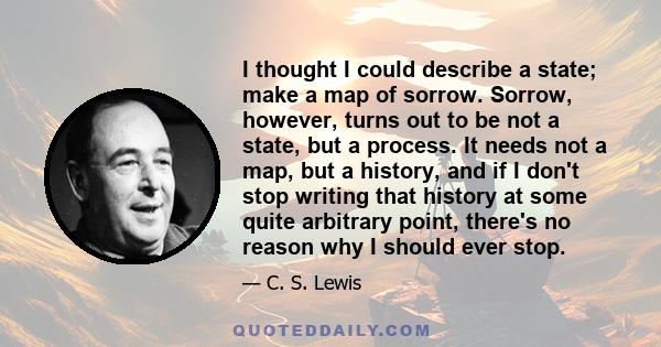 I thought I could describe a state; make a map of sorrow. Sorrow, however, turns out to be not a state, but a process. It needs not a map, but a history, and if I don't stop writing that history at some quite arbitrary