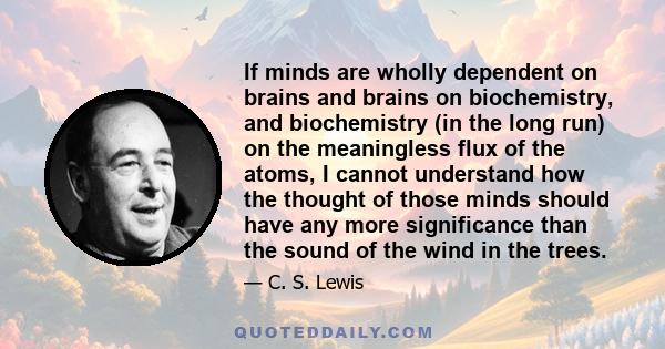 If minds are wholly dependent on brains and brains on biochemistry, and biochemistry (in the long run) on the meaningless flux of the atoms, I cannot understand how the thought of those minds should have any more