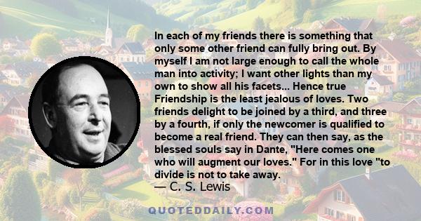 In each of my friends there is something that only some other friend can fully bring out. By myself I am not large enough to call the whole man into activity; I want other lights than my own to show all his facets...