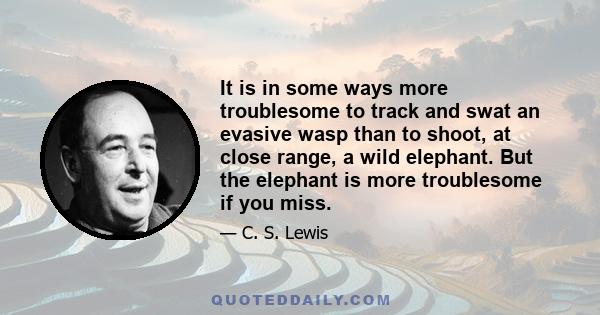 It is in some ways more troublesome to track and swat an evasive wasp than to shoot, at close range, a wild elephant. But the elephant is more troublesome if you miss.