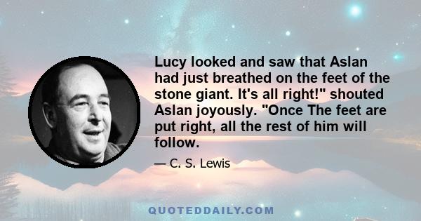 Lucy looked and saw that Aslan had just breathed on the feet of the stone giant. It's all right! shouted Aslan joyously. Once The feet are put right, all the rest of him will follow.