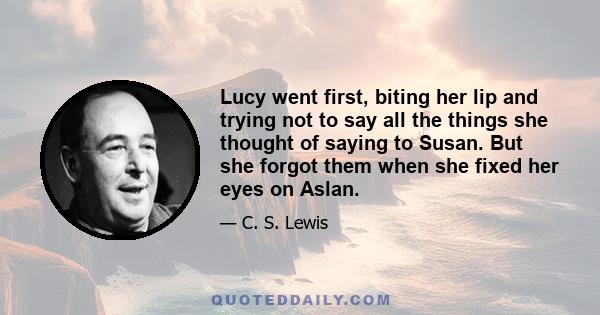 Lucy went first, biting her lip and trying not to say all the things she thought of saying to Susan. But she forgot them when she fixed her eyes on Aslan.