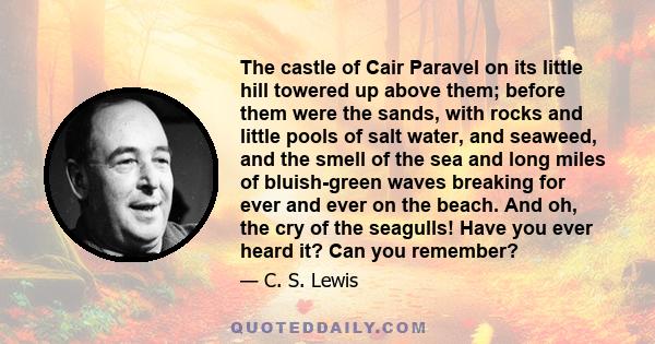 The castle of Cair Paravel on its little hill towered up above them; before them were the sands, with rocks and little pools of salt water, and seaweed, and the smell of the sea and long miles of bluish-green waves