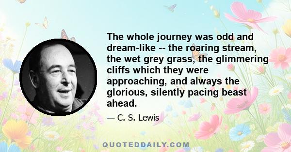 The whole journey was odd and dream-like -- the roaring stream, the wet grey grass, the glimmering cliffs which they were approaching, and always the glorious, silently pacing beast ahead.