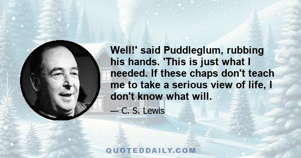 Well!' said Puddleglum, rubbing his hands. 'This is just what I needed. If these chaps don't teach me to take a serious view of life, I don't know what will.