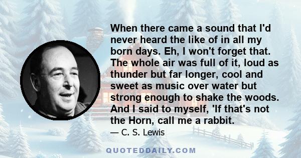 When there came a sound that I'd never heard the like of in all my born days. Eh, I won't forget that. The whole air was full of it, loud as thunder but far longer, cool and sweet as music over water but strong enough