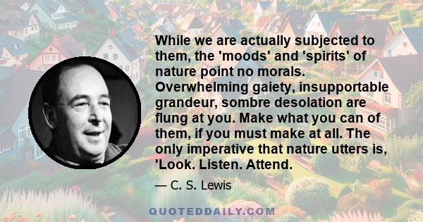 While we are actually subjected to them, the 'moods' and 'spirits' of nature point no morals. Overwhelming gaiety, insupportable grandeur, sombre desolation are flung at you. Make what you can of them, if you must make