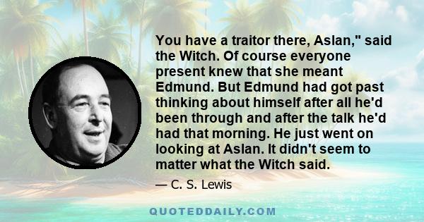 You have a traitor there, Aslan, said the Witch. Of course everyone present knew that she meant Edmund. But Edmund had got past thinking about himself after all he'd been through and after the talk he'd had that