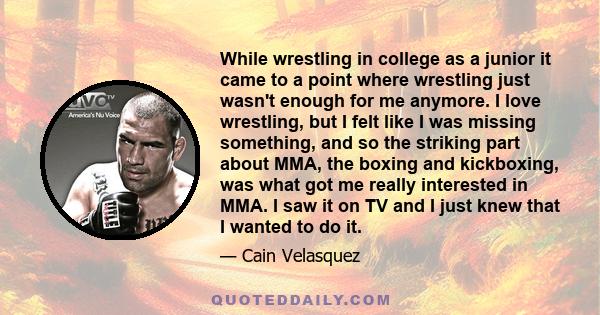 While wrestling in college as a junior it came to a point where wrestling just wasn't enough for me anymore. I love wrestling, but I felt like I was missing something, and so the striking part about MMA, the boxing and