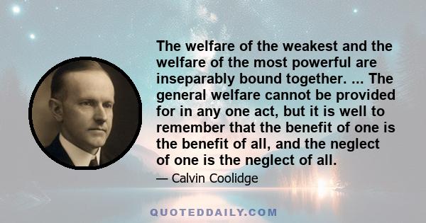 The welfare of the weakest and the welfare of the most powerful are inseparably bound together. ... The general welfare cannot be provided for in any one act, but it is well to remember that the benefit of one is the