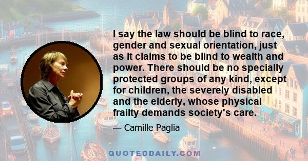 I say the law should be blind to race, gender and sexual orientation, just as it claims to be blind to wealth and power. There should be no specially protected groups of any kind, except for children, the severely