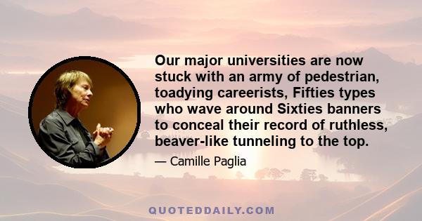 Our major universities are now stuck with an army of pedestrian, toadying careerists, Fifties types who wave around Sixties banners to conceal their record of ruthless, beaver-like tunneling to the top.