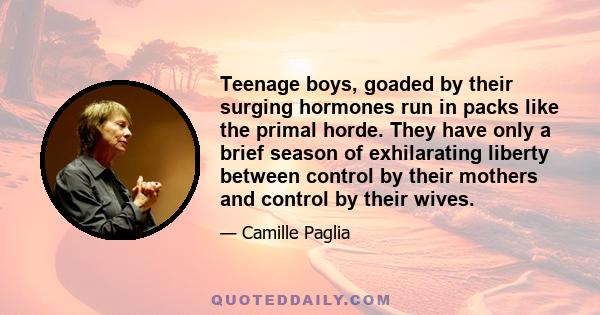 Teenage boys, goaded by their surging hormones run in packs like the primal horde. They have only a brief season of exhilarating liberty between control by their mothers and control by their wives.