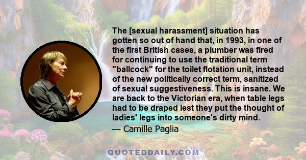 The [sexual harassment] situation has gotten so out of hand that, in 1993, in one of the first British cases, a plumber was fired for continuing to use the traditional term ballcock for the toilet flotation unit,