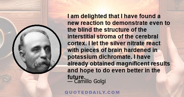 I am delighted that I have found a new reaction to demonstrate even to the blind the structure of the interstitial stroma of the cerebral cortex. I let the silver nitrate react with pieces of brain hardened in potassium 