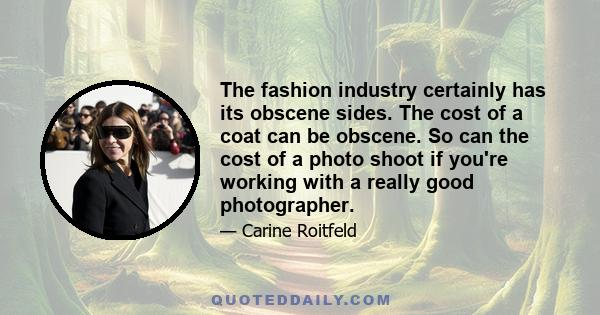 The fashion industry certainly has its obscene sides. The cost of a coat can be obscene. So can the cost of a photo shoot if you're working with a really good photographer.