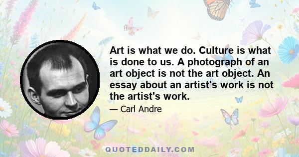 Art is what we do. Culture is what is done to us. A photograph of an art object is not the art object. An essay about an artist's work is not the artist's work.