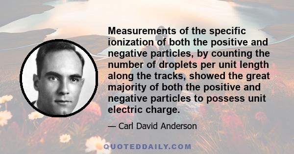 Measurements of the specific ionization of both the positive and negative particles, by counting the number of droplets per unit length along the tracks, showed the great majority of both the positive and negative