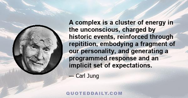 A complex is a cluster of energy in the unconscious, charged by historic events, reinforced through repitition, embodying a fragment of our personality, and generating a programmed response and an implicit set of