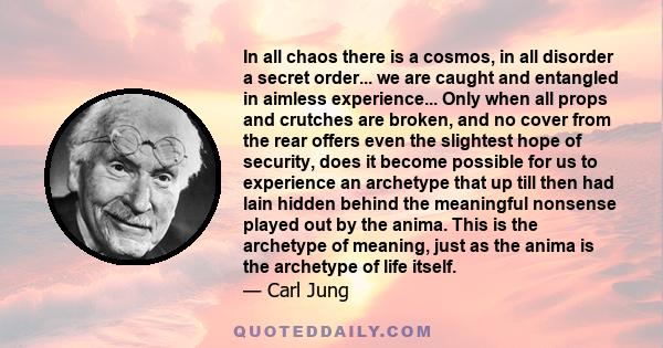 In all chaos there is a cosmos, in all disorder a secret order... we are caught and entangled in aimless experience... Only when all props and crutches are broken, and no cover from the rear offers even the slightest