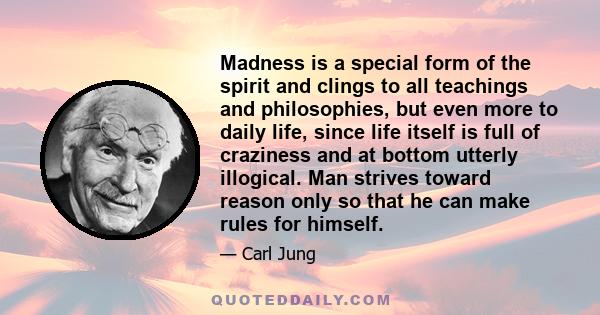 Madness is a special form of the spirit and clings to all teachings and philosophies, but even more to daily life, since life itself is full of craziness and at bottom utterly illogical. Man strives toward reason only