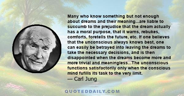 Many who know something but not enough about dreams and their meaning...are liable to succumb to the prejudice that the dream actually has a moral purpose, that it warns, rebukes, comforts, foretells the future, etc. If 