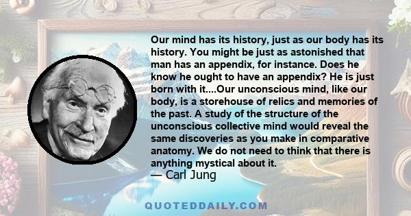 Our mind has its history, just as our body has its history. You might be just as astonished that man has an appendix, for instance. Does he know he ought to have an appendix? He is just born with it....Our unconscious