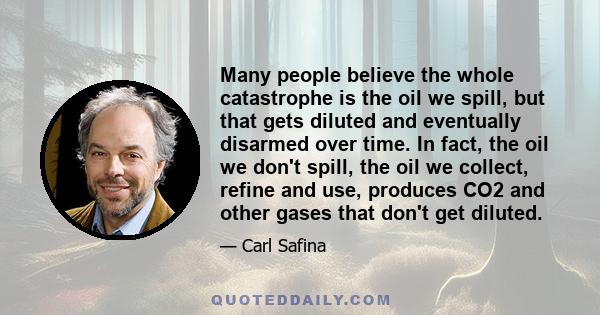 Many people believe the whole catastrophe is the oil we spill, but that gets diluted and eventually disarmed over time. In fact, the oil we don't spill, the oil we collect, refine and use, produces CO2 and other gases