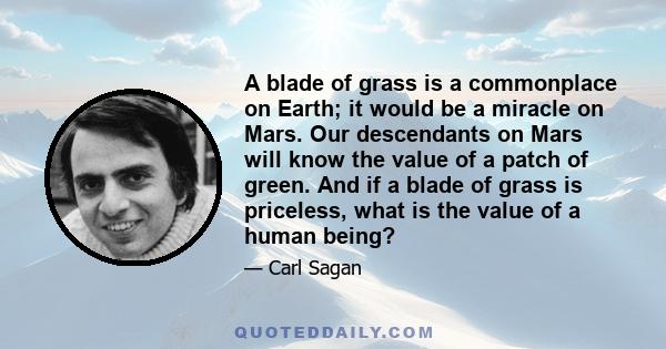 A blade of grass is a commonplace on Earth; it would be a miracle on Mars. Our descendants on Mars will know the value of a patch of green. And if a blade of grass is priceless, what is the value of a human being?