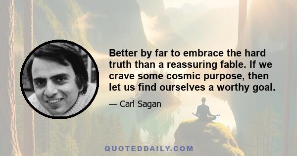 Better by far to embrace the hard truth than a reassuring fable. If we crave some cosmic purpose, then let us find ourselves a worthy goal.