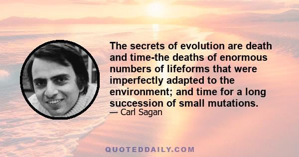 The secrets of evolution are death and time-the deaths of enormous numbers of lifeforms that were imperfectly adapted to the environment; and time for a long succession of small mutations.