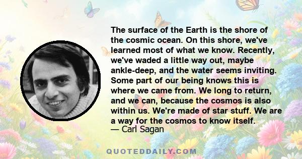 The surface of the Earth is the shore of the cosmic ocean. On this shore, we've learned most of what we know. Recently, we've waded a little way out, maybe ankle-deep, and the water seems inviting. Some part of our