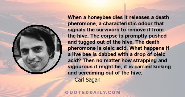 When a honeybee dies it releases a death pheromone, a characteristic odour that signals the survivors to remove it from the hive. The corpse is promptly pushed and tugged out of the hive. The death pheromone is oleic