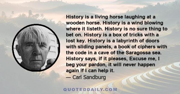 History is a living horse laughing at a wooden horse. History is a wind blowing where it listeth. History is no sure thing to bet on. History is a box of tricks with a lost key. History is a labyrinth of doors with