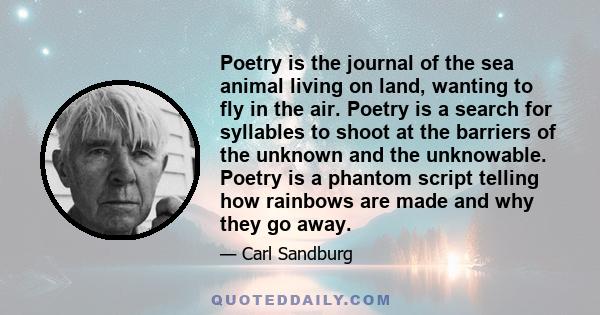 Poetry is the journal of the sea animal living on land, wanting to fly in the air. Poetry is a search for syllables to shoot at the barriers of the unknown and the unknowable. Poetry is a phantom script telling how