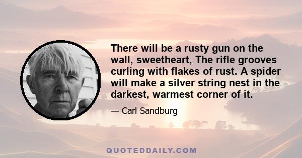 There will be a rusty gun on the wall, sweetheart, The rifle grooves curling with flakes of rust. A spider will make a silver string nest in the darkest, warmest corner of it.