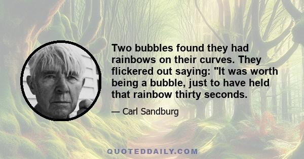 Two bubbles found they had rainbows on their curves. They flickered out saying: It was worth being a bubble, just to have held that rainbow thirty seconds.