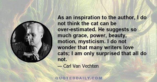 As an inspiration to the author, I do not think the cat can be over-estimated. He suggests so much grace, power, beauty, motion, mysticism. I do not wonder that many writers love cats; I am only surprised that all do