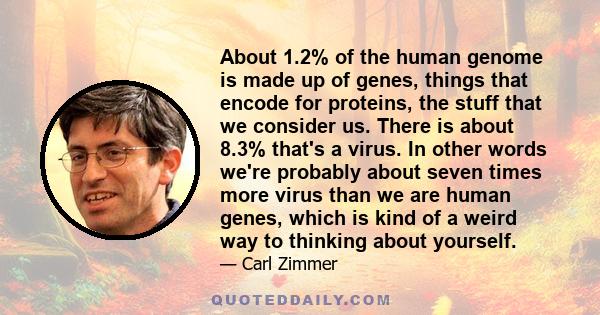 About 1.2% of the human genome is made up of genes, things that encode for proteins, the stuff that we consider us. There is about 8.3% that's a virus. In other words we're probably about seven times more virus than we