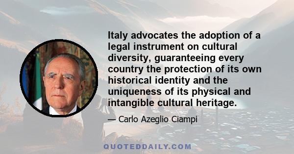 Italy advocates the adoption of a legal instrument on cultural diversity, guaranteeing every country the protection of its own historical identity and the uniqueness of its physical and intangible cultural heritage.