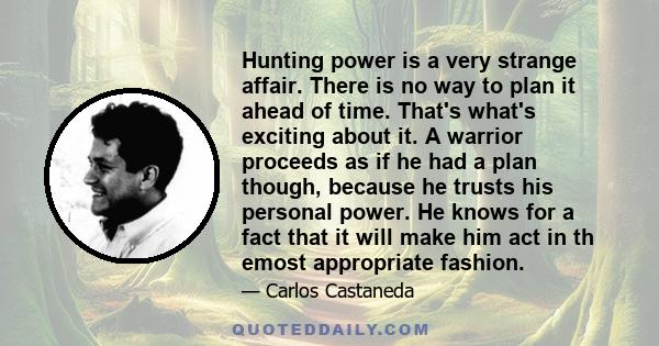 Hunting power is a very strange affair. There is no way to plan it ahead of time. That's what's exciting about it. A warrior proceeds as if he had a plan though, because he trusts his personal power. He knows for a fact 