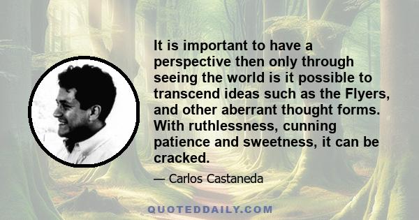 It is important to have a perspective then only through seeing the world is it possible to transcend ideas such as the Flyers, and other aberrant thought forms. With ruthlessness, cunning patience and sweetness, it can