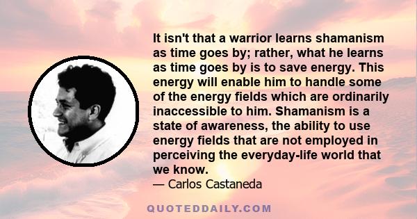 It isn't that a warrior learns shamanism as time goes by; rather, what he learns as time goes by is to save energy. This energy will enable him to handle some of the energy fields which are ordinarily inaccessible to