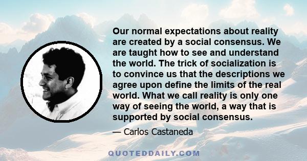 Our normal expectations about reality are created by a social consensus. We are taught how to see and understand the world. The trick of socialization is to convince us that the descriptions we agree upon define the