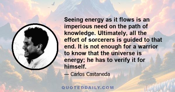 Seeing energy as it flows is an imperious need on the path of knowledge. Ultimately, all the effort of sorcerers is guided to that end. It is not enough for a warrior to know that the universe is energy; he has to